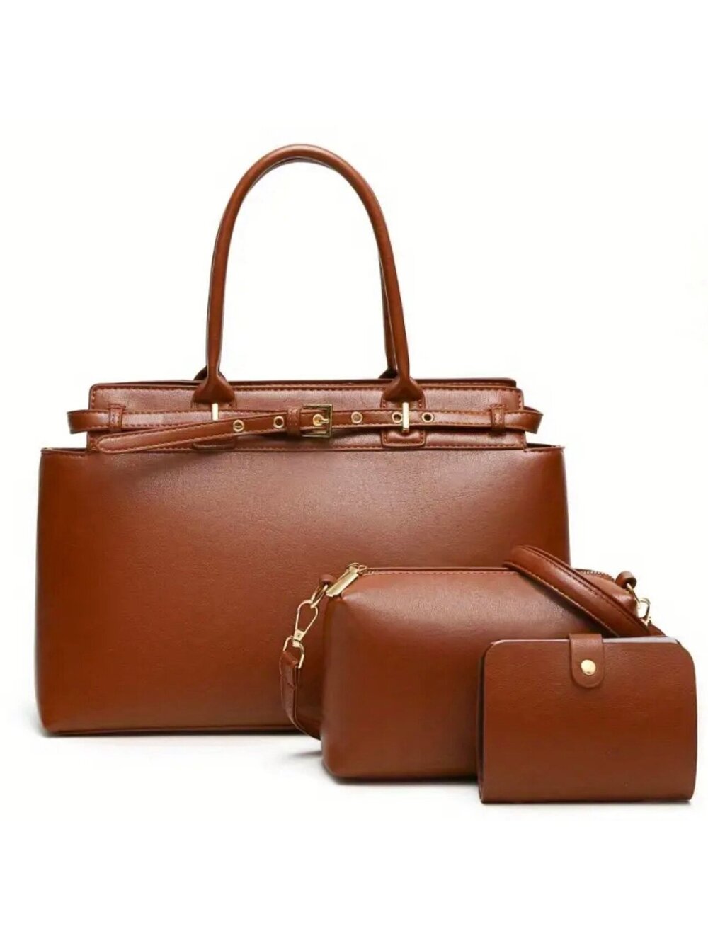 New -Classy 3pcs Multifunctional Faux Leather Tote/Shoulder Bag Set -Brown